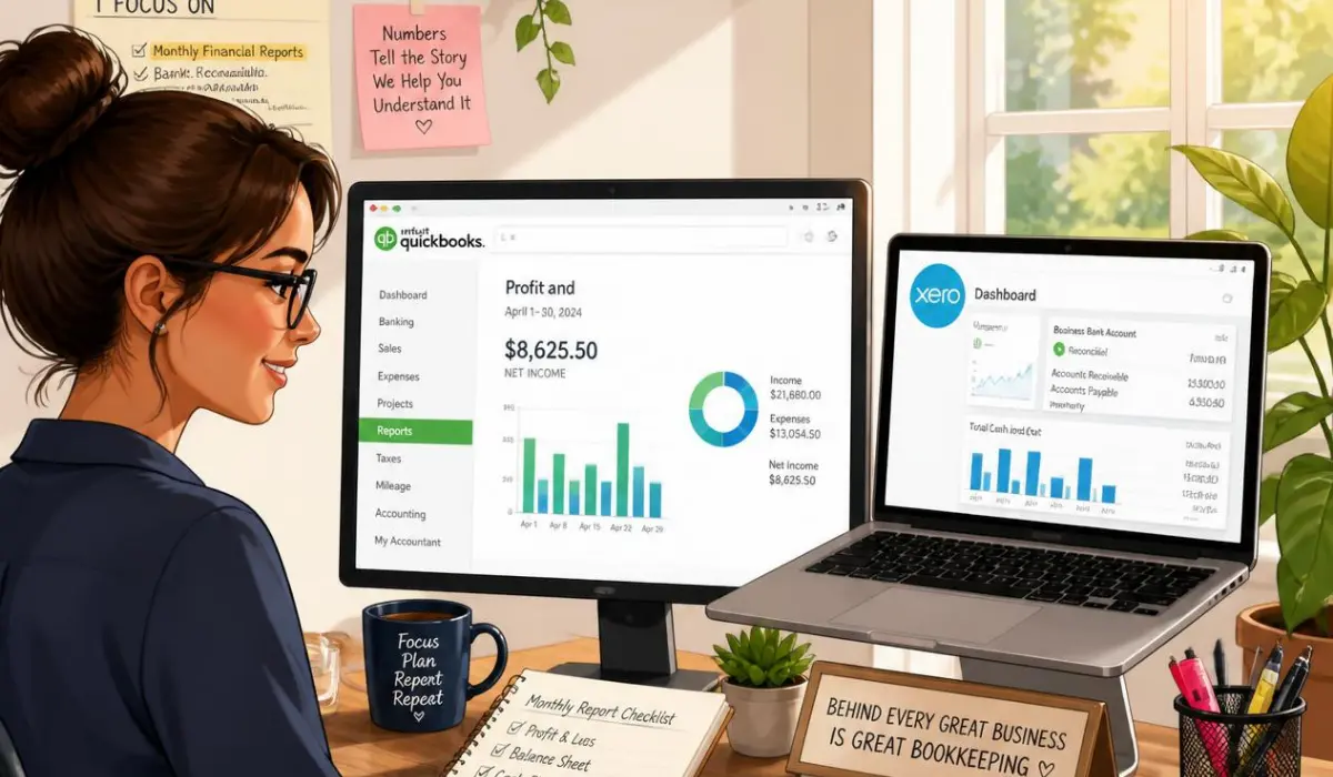 Bookkeeping virtual assistant preparing monthly financial reports, reconciling accounts, and managing invoices using QuickBooks and Xero