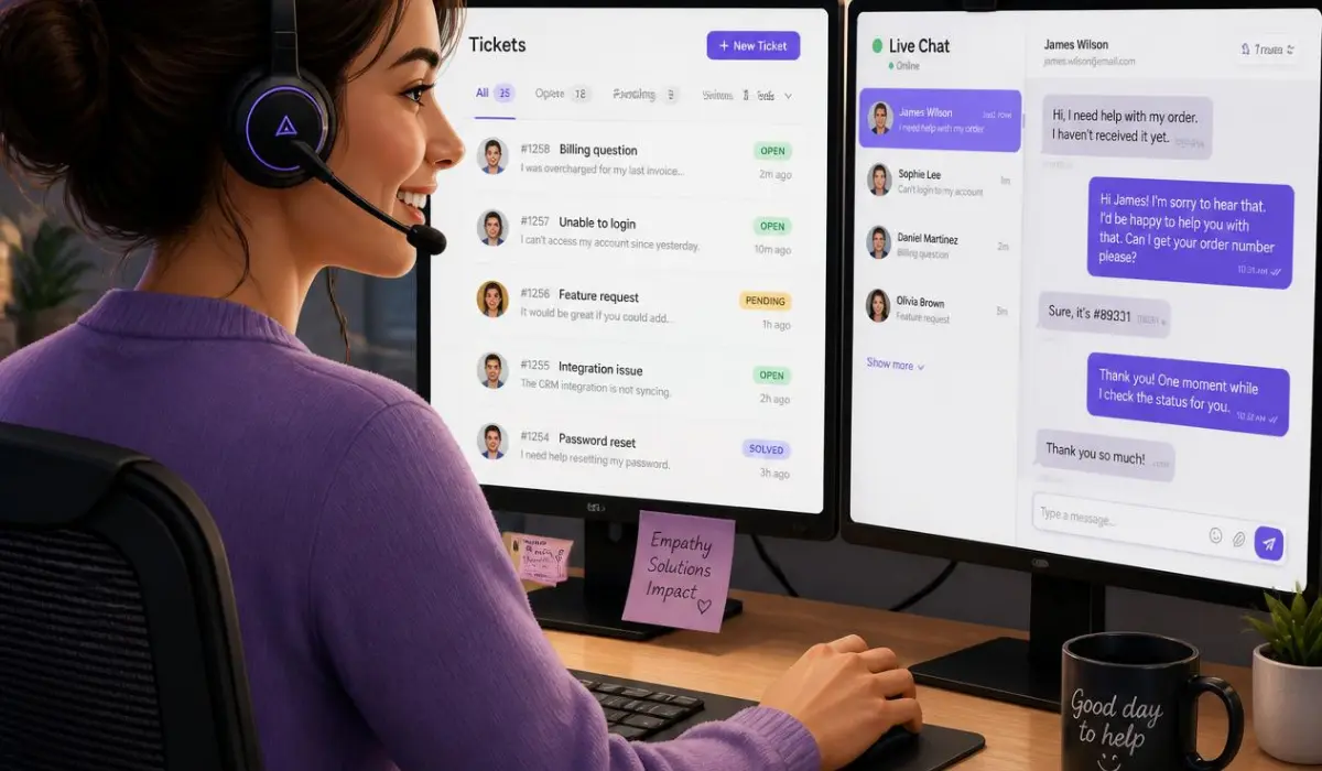 Customer support virtual assistant managing helpdesk tickets and live chat
