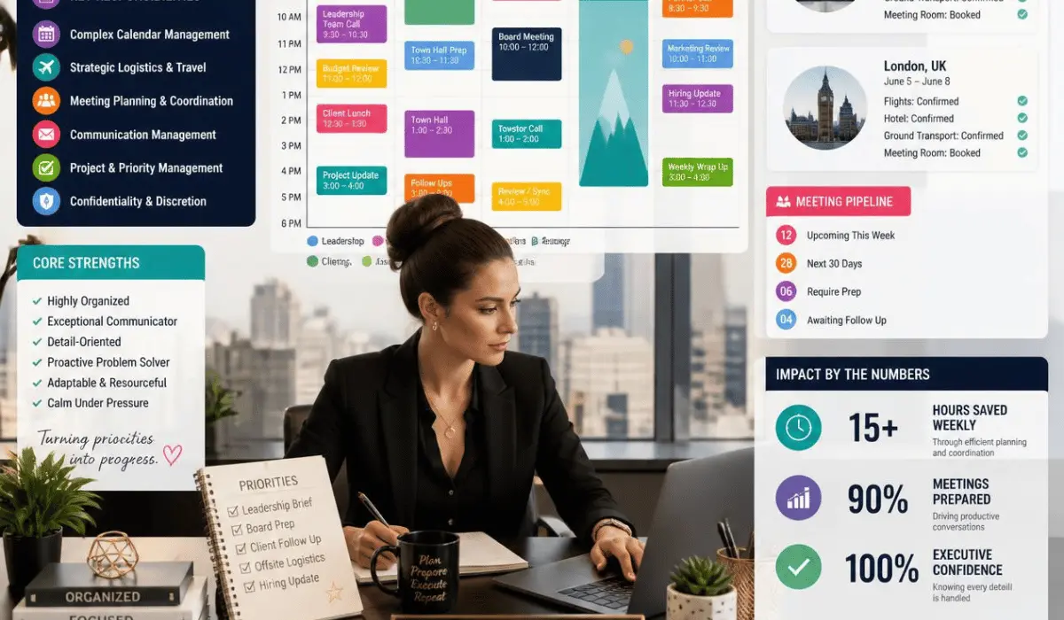 Executive assistant managing complex calendars and strategic logistics