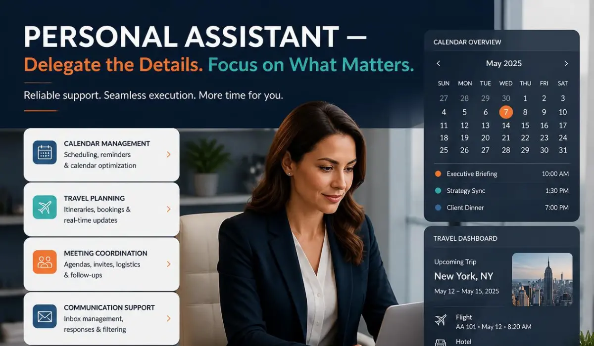 Personal assistant helping busy professional with calendar management, travel planning, and personal errands to save time and reduce stress