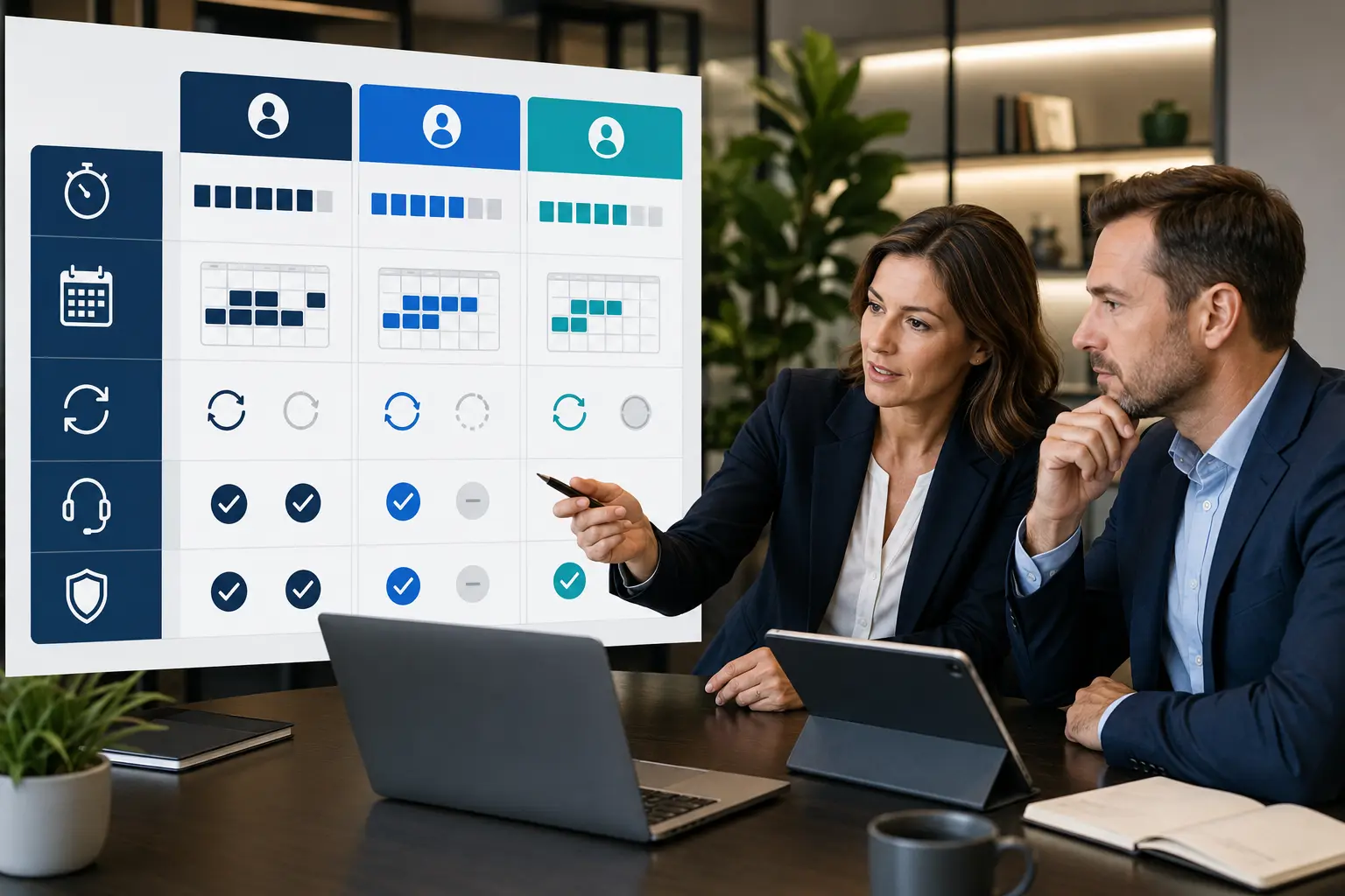 Business team comparing Virtual Assistant plans by hours, coverage and included support
