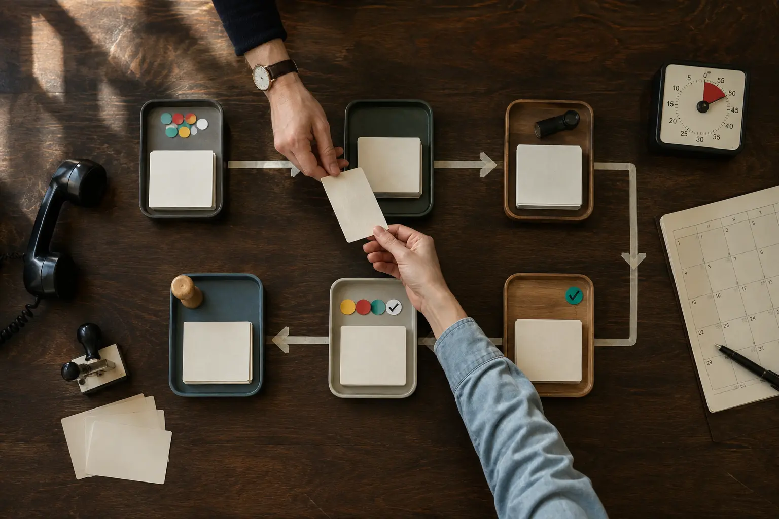 A physical workflow board showing work moving through controlled stages with a human review step
