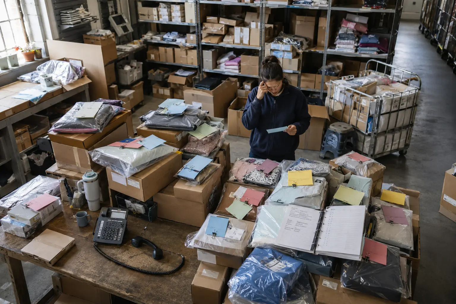 Ecommerce stockroom with unresolved customer enquiry cards attached to returned parcels