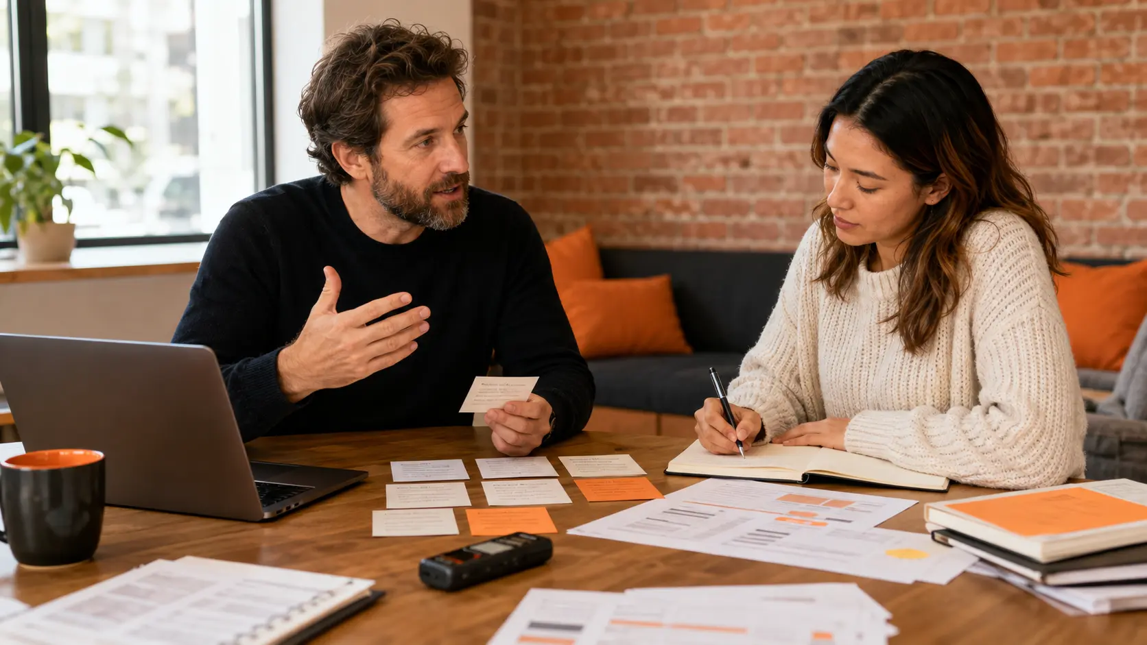 A founder sharing original expertise while a VA organizes evidence and content