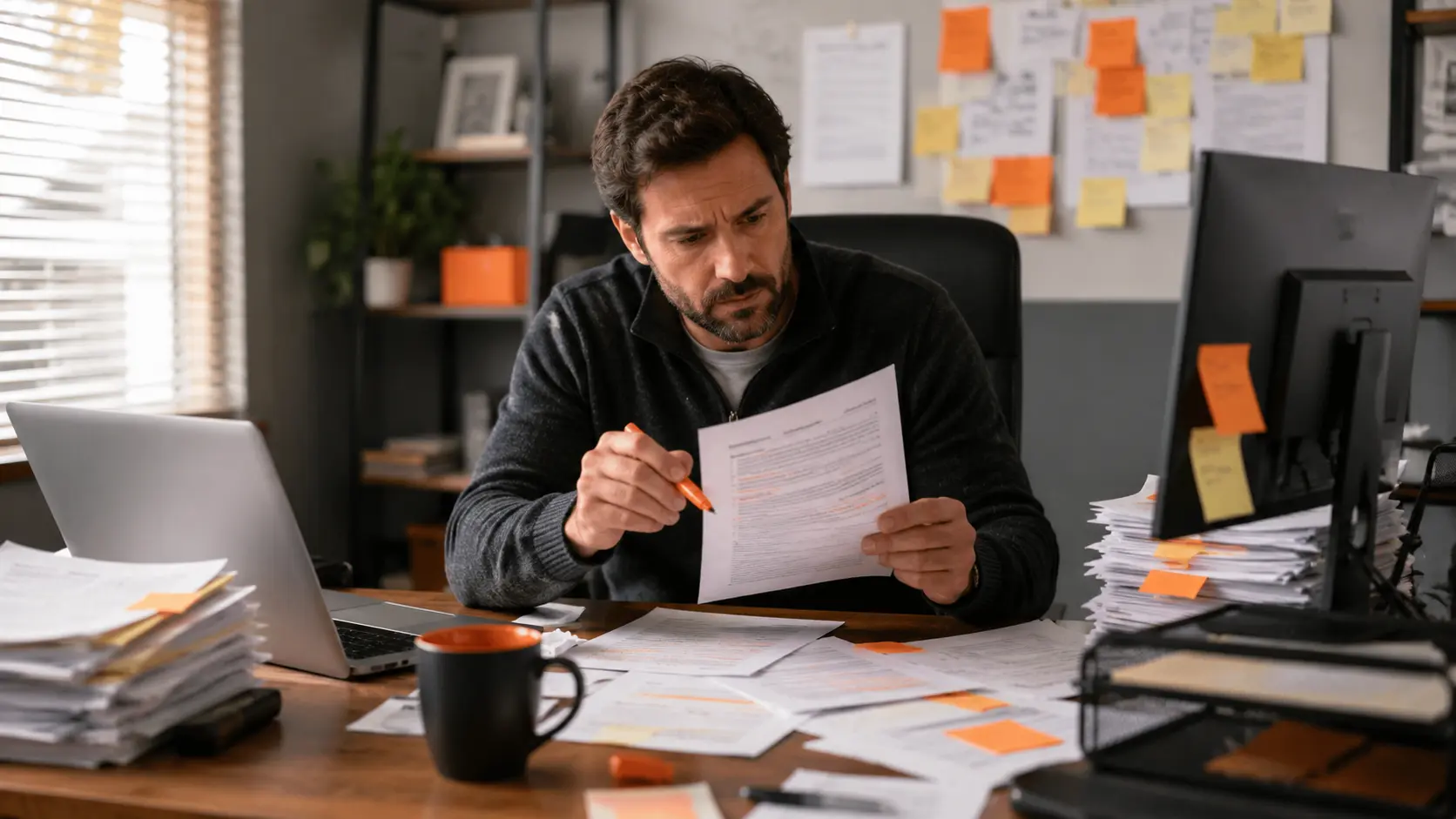 A U.S. small-business owner spending time reviewing and correcting a backlog of delegated work