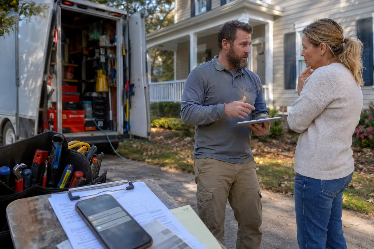 A field-service professional discusses an unusual customer request face to face while technology supports the process