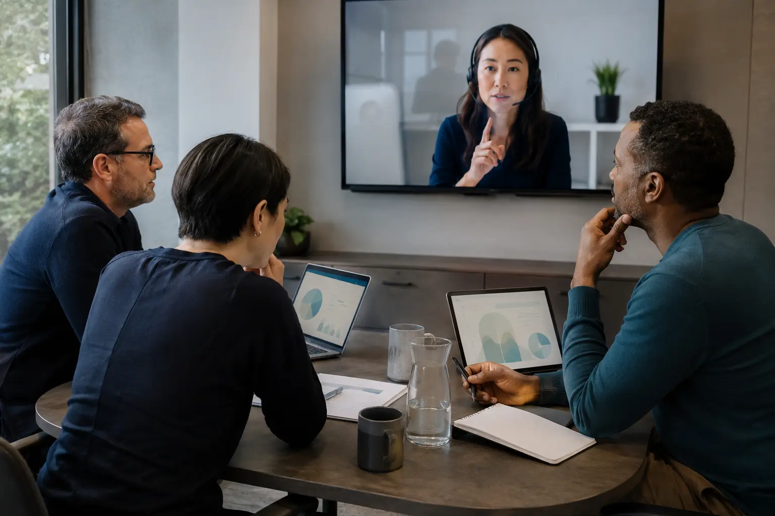 Operations team coordinating work with a remote human virtual assistant