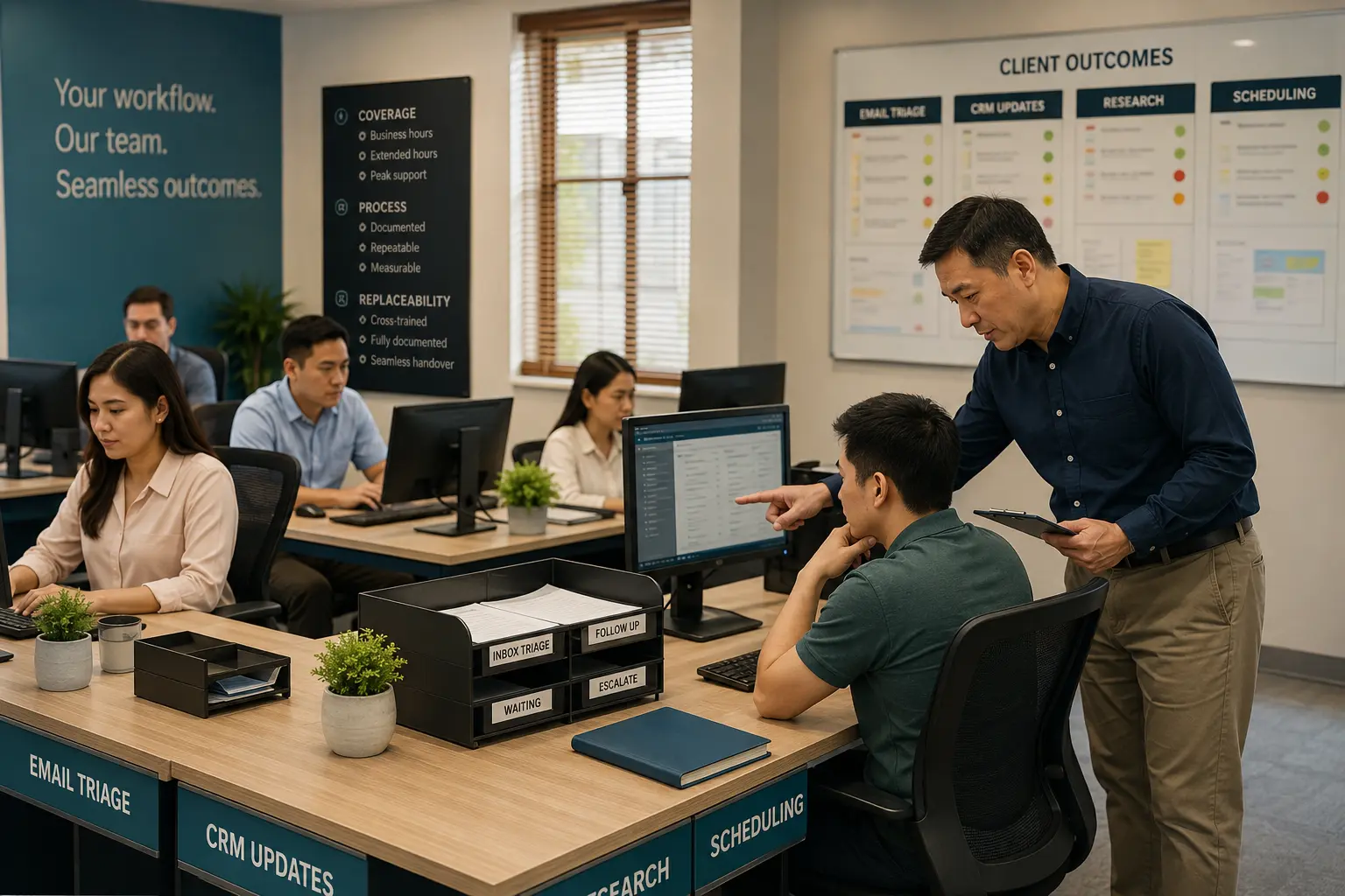 A supervised Virtual Assistant team delivers repeatable client workflows with quality review and escalation
