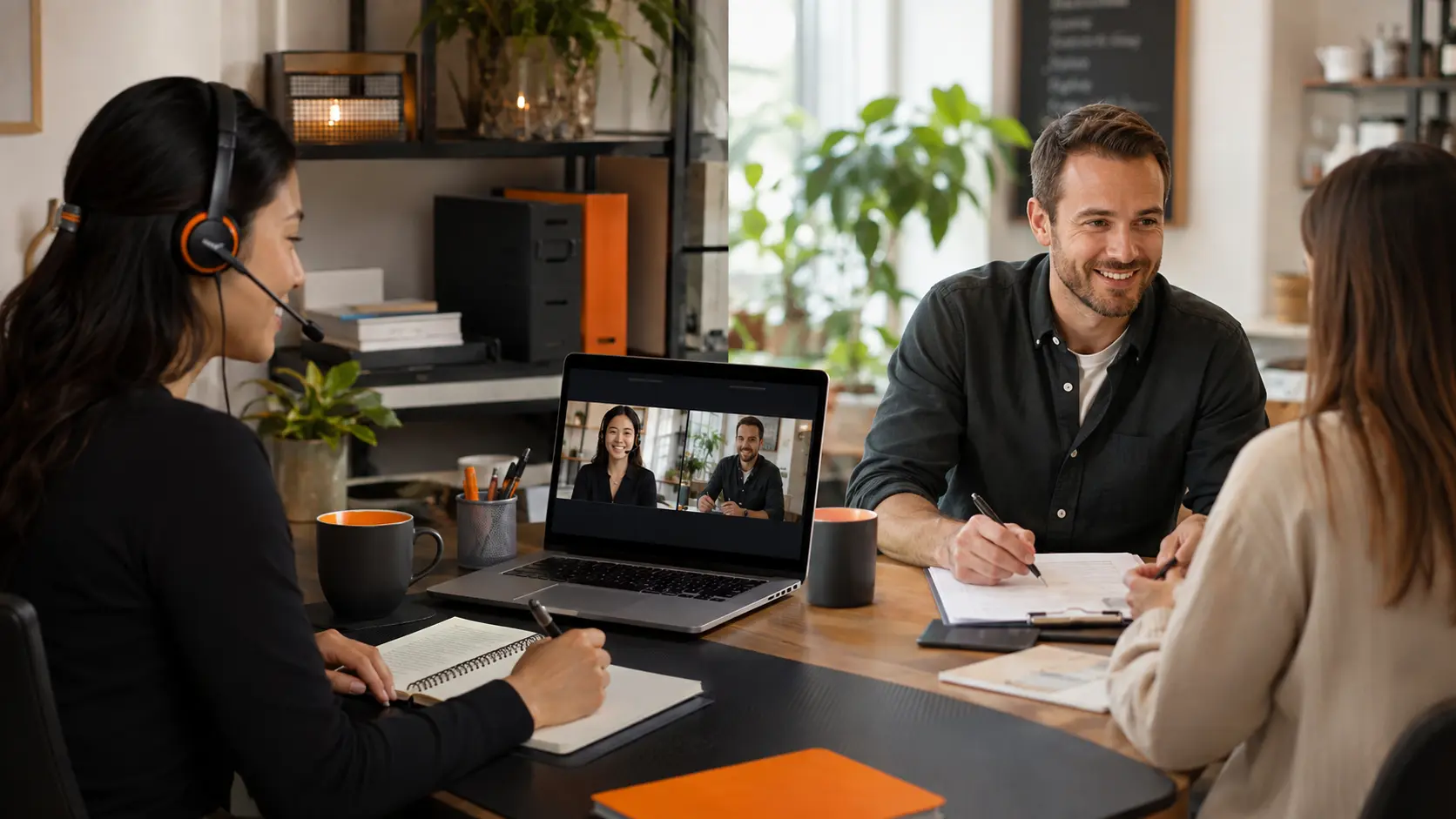 An experienced virtual assistant managing a clear workflow while a U.S. business owner focuses on customers
