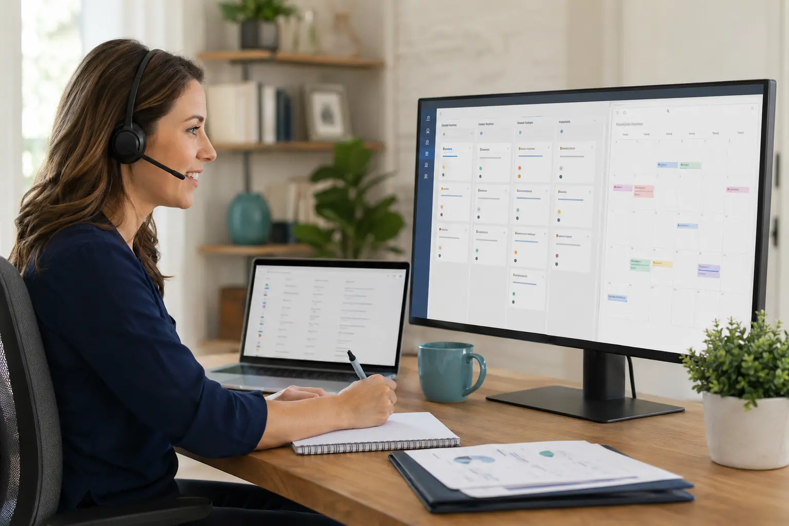 Project Management Virtual Assistant reviewing a weekly task board, calendar and project priorities