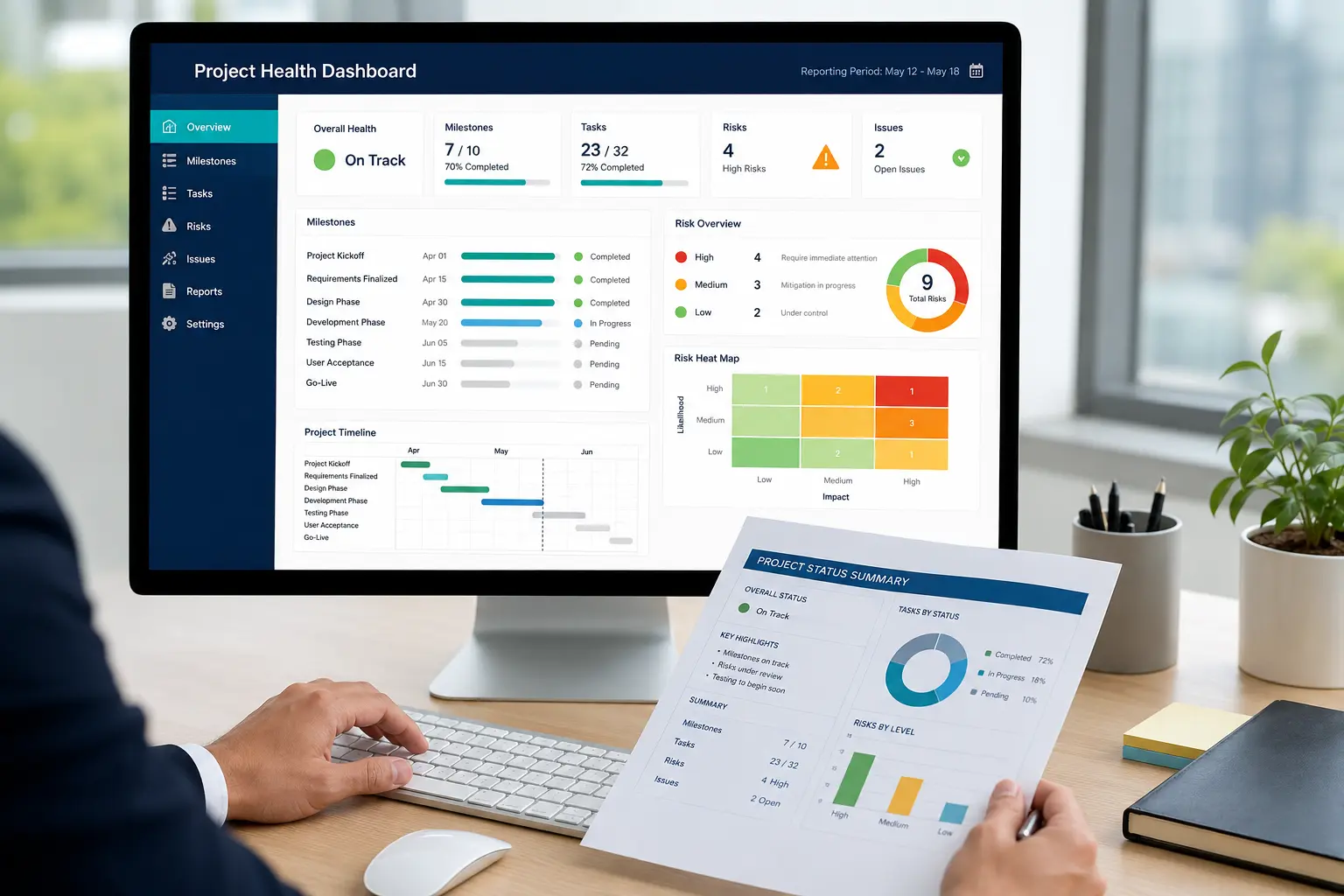 Project health dashboard displaying milestone progress, open issues and project risks
