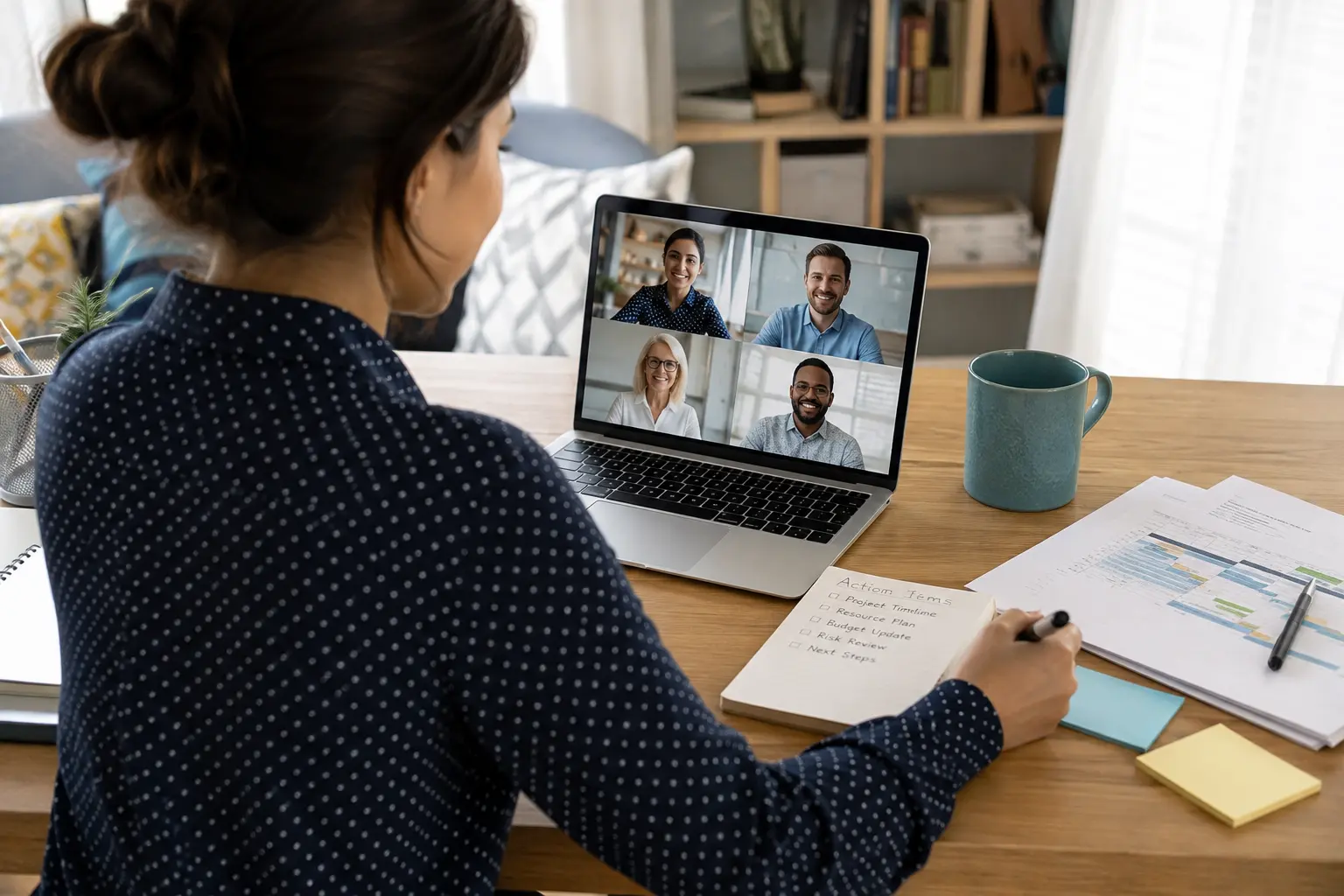 Project Management Virtual Assistant coordinating a remote team meeting and recording action items