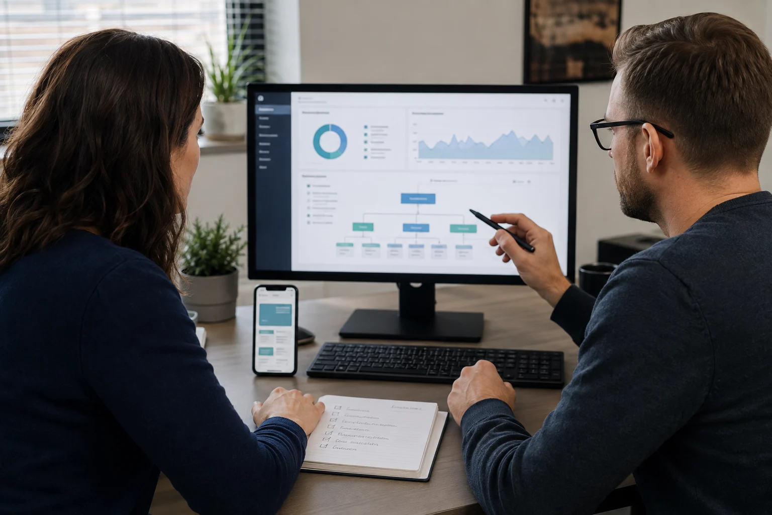 A small business owner and web specialist reviewing the technical SEO foundation of a website