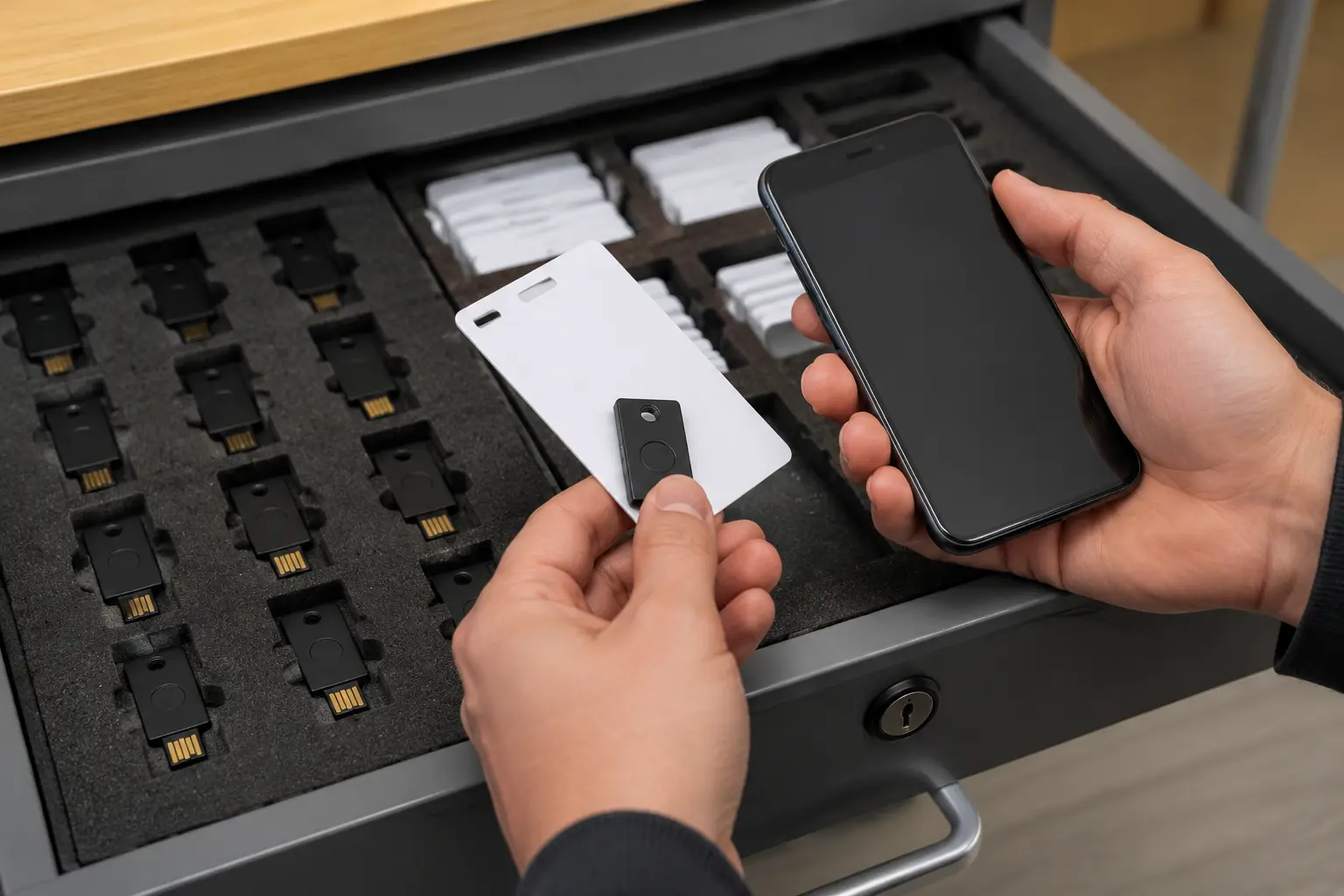 A hardware security key, blank role badge and company phone being assigned from a secure drawer
