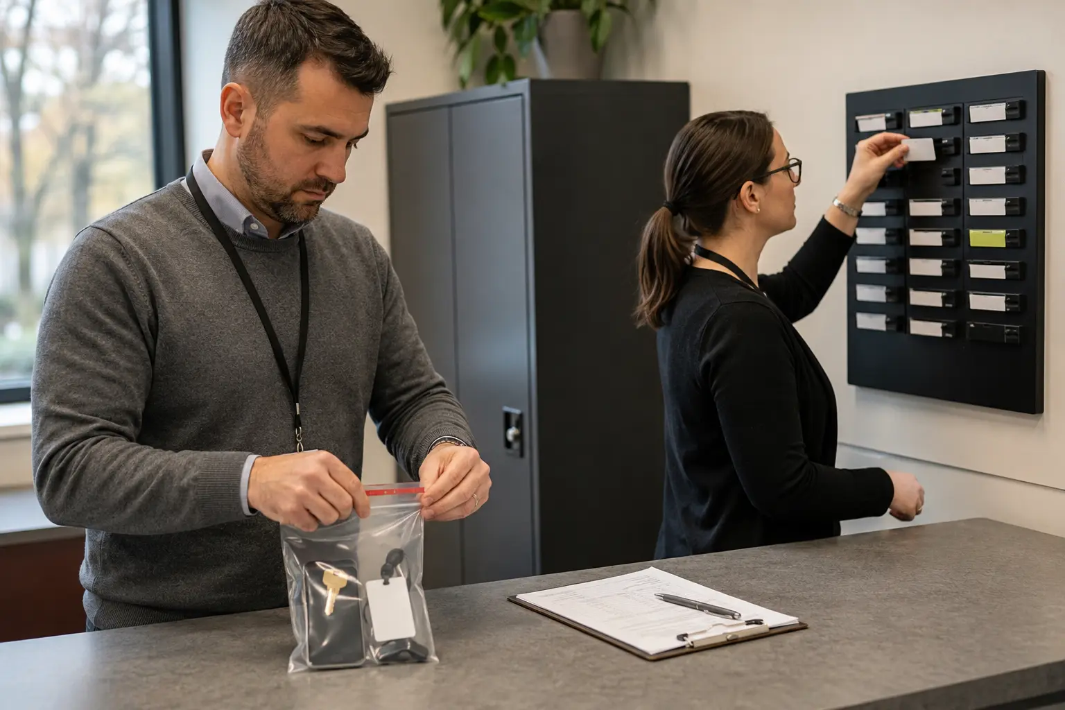 Returned security credentials being sealed while an access record is removed during offboarding