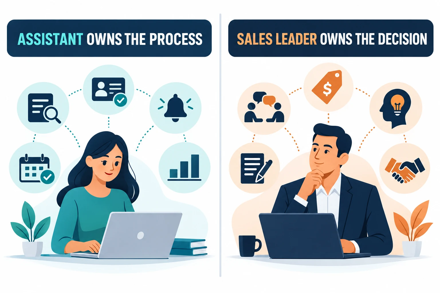 Comparison between process tasks owned by a Virtual Sales Assistant and decisions owned by a sales leader